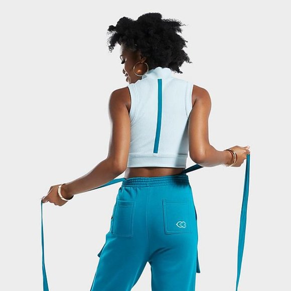 Cardi B x Reebok Ribbed Women's High Neck Underwire Crop Top with Cutout Blue S - Picture 4 of 5